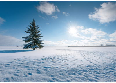Фототапет Зимен пейзаж със самотно дърво и слънце над снежно поле